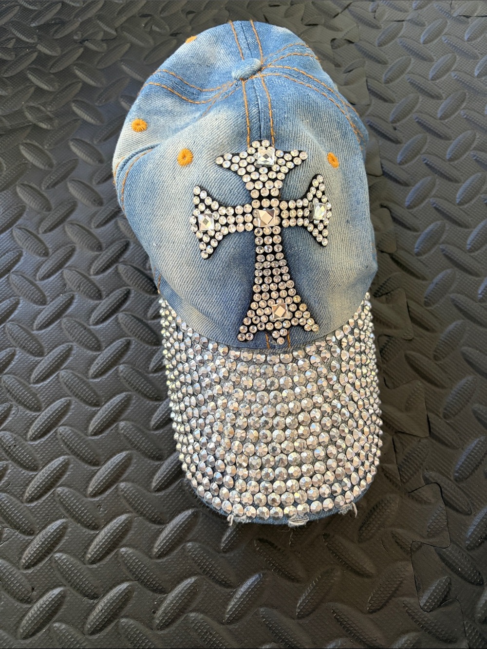 indigo soul Denim Kids Rhinestone Cross Cap - Light Blue with Silver Gems